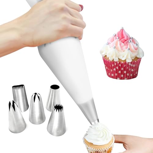 Piping Bag Set,Large Reusable Silicone Piping Bags 40 cm,5-Types of Stainless Steel Cake Decorating Nozzle,for Decorating Cream, Foam, Sugar Pastries Cake Decoration Baking, Cooking