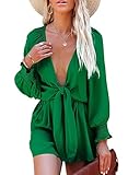 AlvaQ Jumpsuits for Women Plus Size Spring Summer Tie Knot Front Sexy V Neck Brunch Outfits Date Night Outfit Green Romper Jumper Dress for Women Green Small