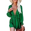 AlvaQ-Rompers-for-Women-Dressy-Spring-Summer-Tie-Knot-Front-Sexy-V-Neck-Jumpsuits AlvaQ Jumpsuits for Women Plus Size Spring Summer Tie Knot Front Sexy V Neck Brunch Outfits Date Night Outfit Green Romper Jumper Dress for Women Green Small