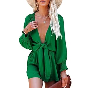 AlvaQ Jumpsuits for Women Plus Size Spring Summer Tie Knot Front Sexy V Neck Brunch Outfits Date Night Outfit Green Romper Jumper Dress for Women Green Small