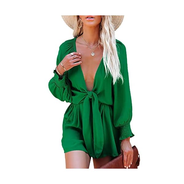 AlvaQ-Rompers-for-Women-Dressy-Spring-Summer-Tie-Knot-Front-Sexy-V-Neck-Jumpsuits AlvaQ Jumpsuits for Women Plus Size Spring Summer Tie Knot Front Sexy V Neck Brunch Outfits Date Night Outfit Green Romper Jumper Dress for Women Green Small