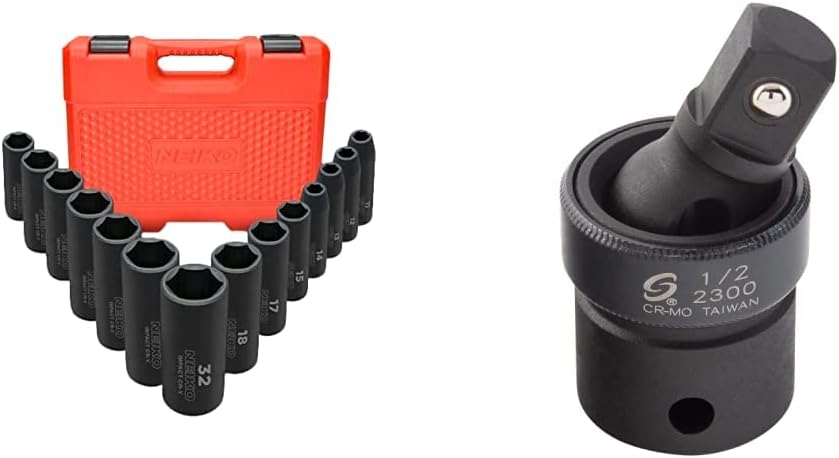 Neiko 02476A 1/2" Impact Socket Set, 14 Piece 6 Point Impact Set, Standard Impact Socket Set & 02474A 1/2" Impact Socket Set, 15 Piece Metric Socket Set 10-24 mm, Deep Sockets, 6 Point - - 