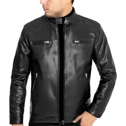 Generisch Chaqueta de cuero para hombre ligera: chaqueta de piel sintética con cremallera chaqueta de moto con cuello alto chaqueta motero corte entallado chaqueta de bombardero vintage cortavientos