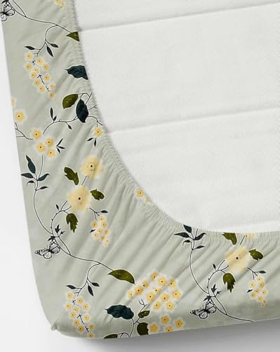 Image of 380 TC Premium Glace Cotton Elastic Fitted Bedsheet King Size with 2 Pillow Covers King Size | Double Bed with All Around Elastic (Green Floral, Fitted Queen-60x78)