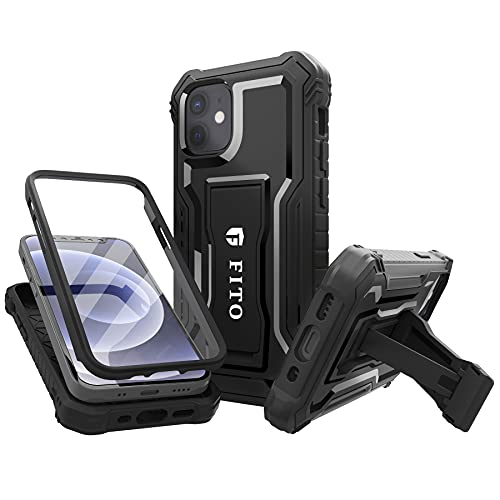 FITO for iPhone 12 Mini Case Built-in Screen Protector, Dual Layer Shockproof Heavy Duty Case with Kickstand Compatible with iPhone 12 Mini 5.4 inch Phone (Black)