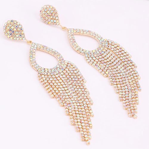Rhinestone Teardrop with Long Tassel Earrings Sparkly Dangle Earrings for Women3