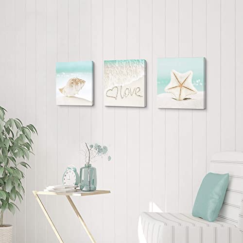 Studio+Plus Beach Ocean Canvas Wall Art - 3 Pieces Bathroom Aqua Sea Coastal Wall Art Seaside Sarfish Picture Seashore Conch Prints Relaxing Ocean Wave Artwork Seascape Cavnas Painting For Bedroom #TOP4
