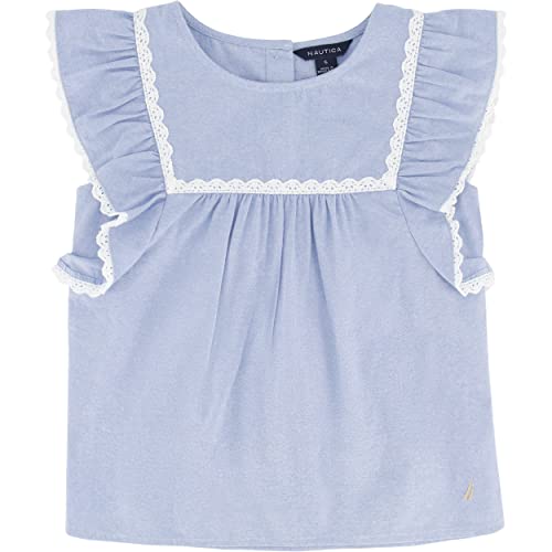 Nautica Girls' Short Sleeve Chambray Shirt, Cotton Top with Flutter Shoulders & Crochet Trim - Main Image