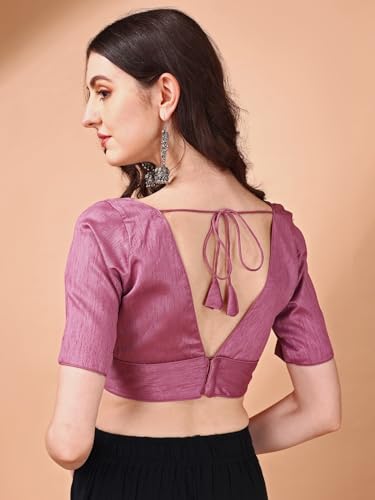 Image of Womanista Women's Dupion Silk Half Sleeve Solid V Neck Readymade Saree Blouse Stylish