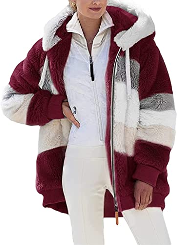 Nsercvb Fleecejacke Damen,Winterjacke Damen Teddy Fleece Mantel Warm Gefüttert Winter Kapuzenpullover Flauschig Plüschjacke Sweatshirt mit Kapuze und Taschen Reißverschluss Winterjacke Oversize, L