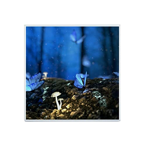 Fabulous Carreau Céramique Décoratif 15,2 x 15,2 cm - Papillons Bleus et Champignons Blancs dans la Nuit Féérique Magique