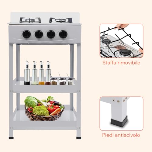 Avilia - Kochfeld mit 4 Gasbrennern für den Außenbereich mit robuster Metallstruktur, Seitenablagen aus Stahl, Anschluss für LPG-Flasche, ideal für Camping und Grillen (weiß)