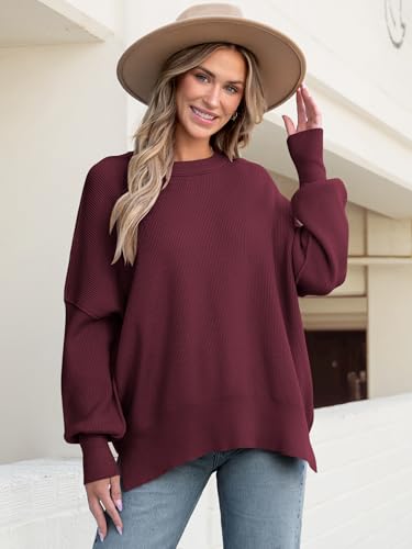 Image of ANRABESS Women Oversized Sweaters Batwing Long Sleeve 2026 Fall Outfits Crewneck Casual Knit Side Slit Fashion Pullover Top