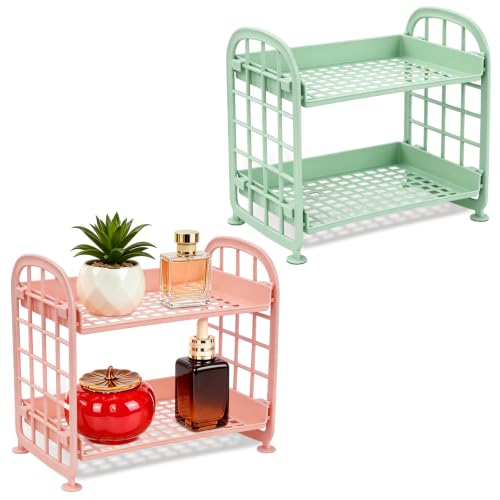 Image of 2 Pcs Desktop Rack Cosmetic Stationery Storage Holder, 2-Tier Multifunctional Plastic Shelf Makeup Organizer for Skincare Office Kitchen Bedroom Bathroom Home (Pink + Green)