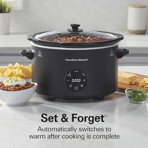Image of Hamilton Beach 6 Quart Set & Forget Programmable Slow Cooker | Flexible Programming + Defrost | Adjustable Countdown Timer | Dishwasher Safe Stoneware Crock & Glass Lid | Black | 33765