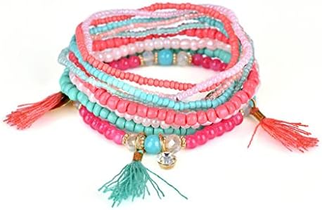 AFHMFD Ethnic Bohemian Tassel Beach Charm Bracelets for Women Boho Multilayer Beads Crystal Beaded Jewellery Bracelet Set Femme (Color : D, Size : Length: 18cm)