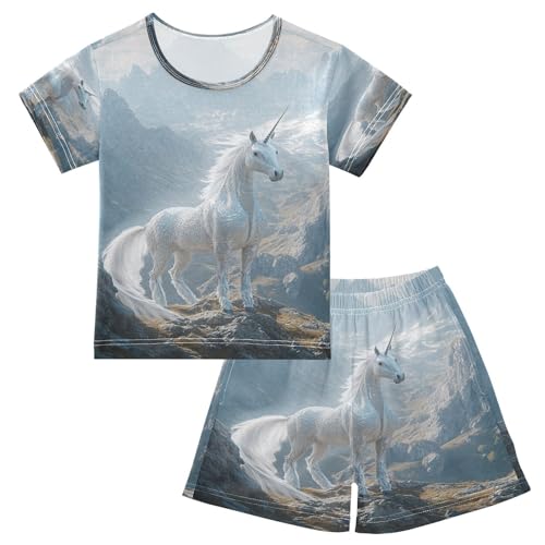 ALAZA White Horse Landscape Mountain Pajamas Set Short Sleeve Cotton Sleepwear Summer Pjs 2 Piece 5-14Y