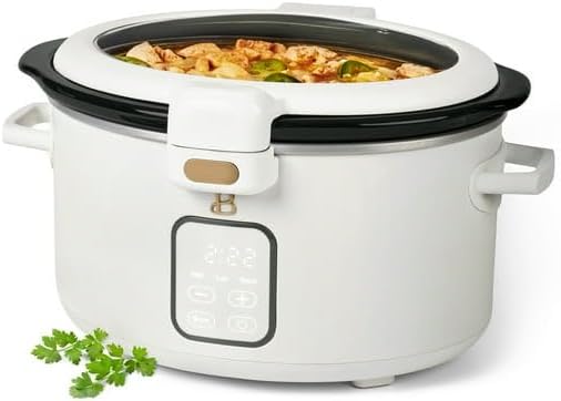 Beautiful 4 Qt Digital Slow Cooker with Hinged Locking Lid, White Icing by Drew Barrymore