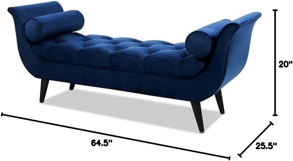 Pemberly Row Modern Flared Arm Entryway Bench, Navy Blue Velvet Upholstery, 64.5 in Length, Espresso Wood Legs, Tufted Diamond Button Seat, Bolster Pillows, Living Room or Bedroom Seating