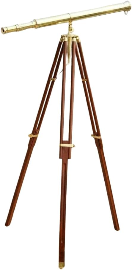 Antique Designer Brass Telescope with Wooden Tripod, Floor Standing Nautical Telescope, Navy Gift