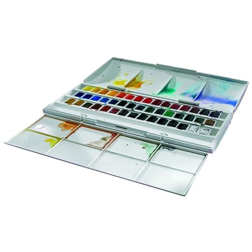 Winsor & Newton 0390471 Cotman Half Pan Studio-Aquarellfarben Set, lebendige Wasserfarben mit hoher Lichtechtheit, große Farbauswahl, Alterungsbeständig - 45 halbe Näpfe, Mischpalette, Pinsel