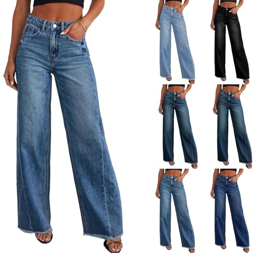 Wide Leg Jeans Woman Elastic High Waisted Baggy Boyfriend Jeans Stretchy Distressed Raw Hem Denim Pants with Pockets
