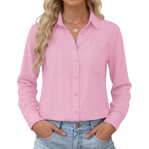 Kistore Womens Button Down Shirts Striped Linen Long Sleeve Blouses Business Casual Office Work Tops Loose Fit with Pockets
