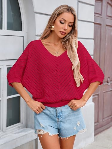 Image of Libsorge Womens Sexy V Neck 3 /4 Sleeve Sweater Spring 2025 Trendy Dressy Casual Outfits Lightweight Crochet Knit Pullover Top
