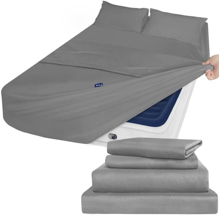 Air Mattress King Size Sheets Set - Extra Deep Pocket King Sheet Set - 4 Piece King Bedding Set Fade Resistant Fits 16in to 24in Pillow Top Air Bed Mattress - Grey