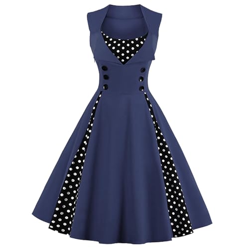 Image of KILLREAL Women's Vintage Polka Dot Print A-Line Pin Up Style Sleeveless Cocktail Party Casual Dress