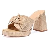 Monrovia Raffia Bow Platform Block Heel Sandals Beige Size 8.5