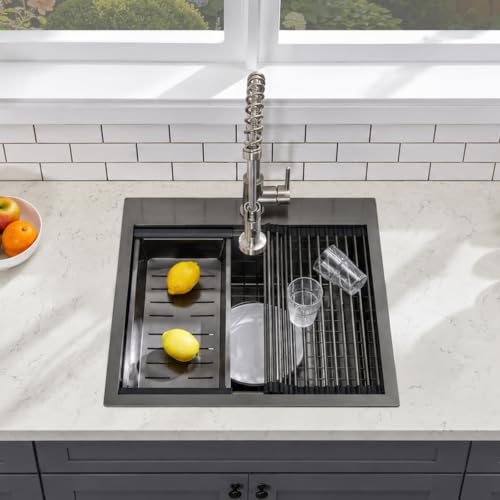 Image of SHACO 21 Inch Black Drop In Kitchen Sink, 21x20 Inch Gunmetal Black Top Mount 16 Gauge Stainless Steel Single Bowl Workstation RV Small Kitchen Outdoor Laundry Wet Prep Sink with Accessories