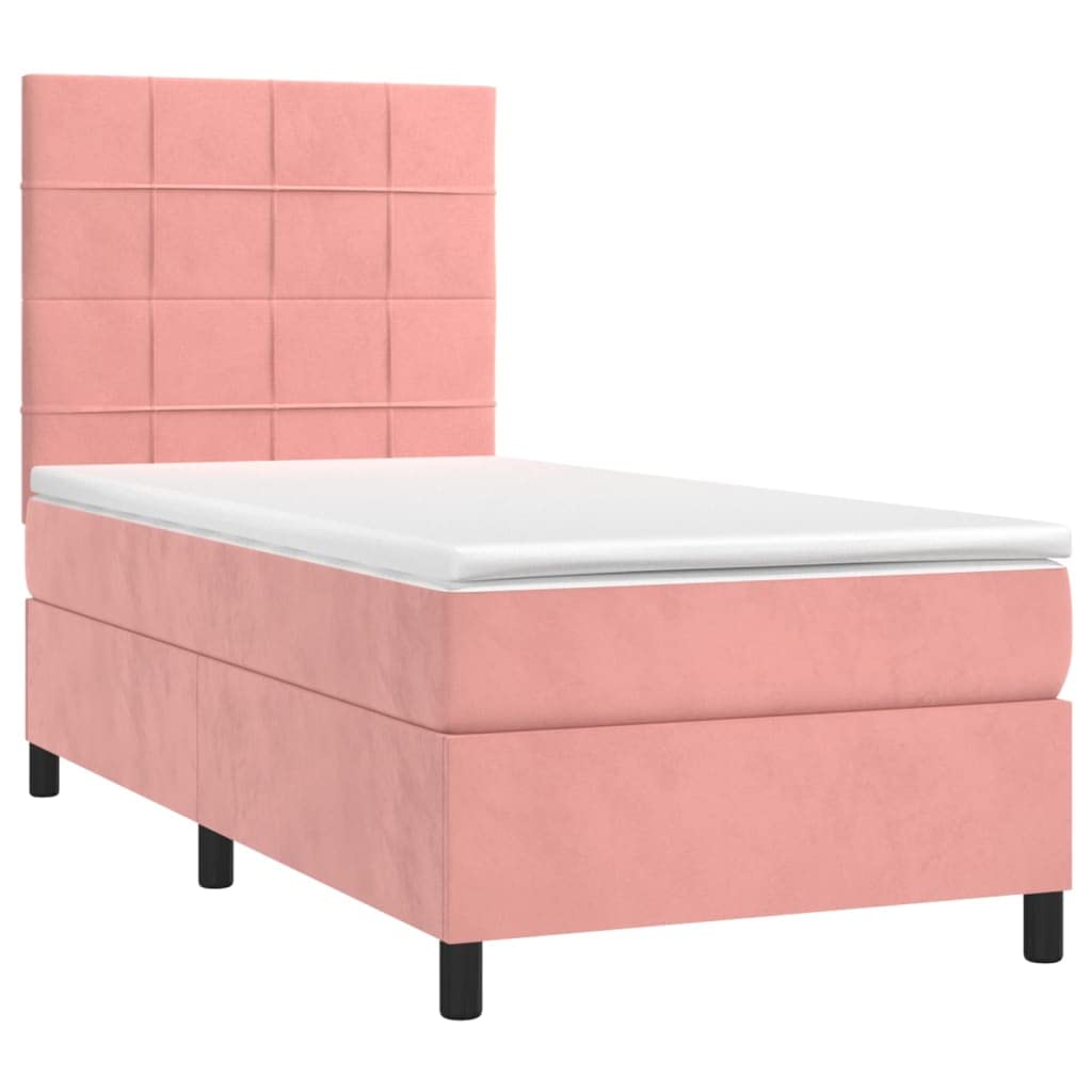 Cama con somier rosa de 90 x 190 cm con LED y colchón, funda de terciopelo de lujo, cabecero regulable en altura, ahorra espacio, cama individual para jóvenes y dormitorios de invitados