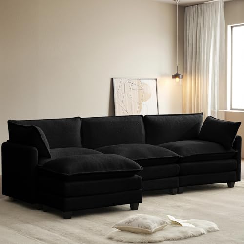 ROWHY 112 Modular Sectional Cloud Couch with Movable Ottoman 4 Seat Modern Chenille Sofa with 2 Throw Pillows Deep Seat L Shaped Couch for Living Room Bedroom Apartment Black