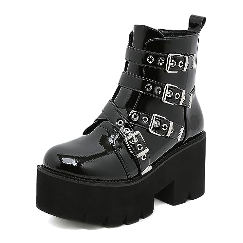 Aceptolcom Women's Black Platform Goth Boots,Patent Leather Side Zipper Lug