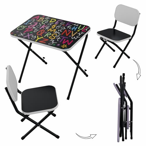 Kindertisch mit 2 Stühlen – Praktisches Spieltisch-Set für Kleinkinder – Klappbare und mitwachsende Kindersitzgruppe, Kindertisch mit verstellbarer Tischplatenneigung (Alphabet, weiß)