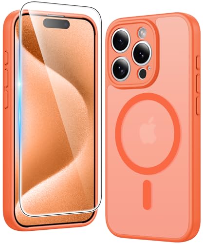 FNTCASE for iPhone 15 Pro-Max Case: Matte Magnetic Phone Cases with Screen Protector Compatible with Magsafe Slim Anti Yellowing Rugged Shockproof Protective Translucent Cell Cover (C-Orange)