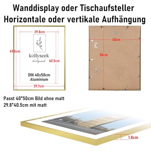 kollyseek Aluminium Frame 40x50cm Gold Metal Poster Frame with Shatterproof Acrylic Glass Modern Picture Frame with Mount for Pictures Poster Photo Gold - Image 3