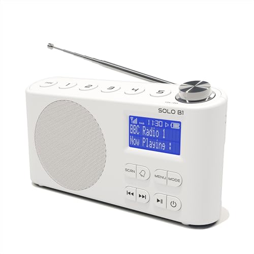 DAB/DAB+ & FM Portable Digital Radio | Bluetooth | Rechargeable Battery | Dual Alarms & Sleep Timer | Perfect for Home, Office or Outdoors | AZATOM Solo B1 (White)