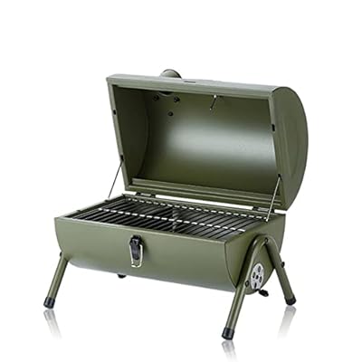 Portable Barbecue Grill Stainless Steel Barrel Charcoal BBQ Grill with Thermometer Features Side Vents and Wooden Carry Handle for Beach Outings, Garden, Party or Camping Trip (Color : Green)