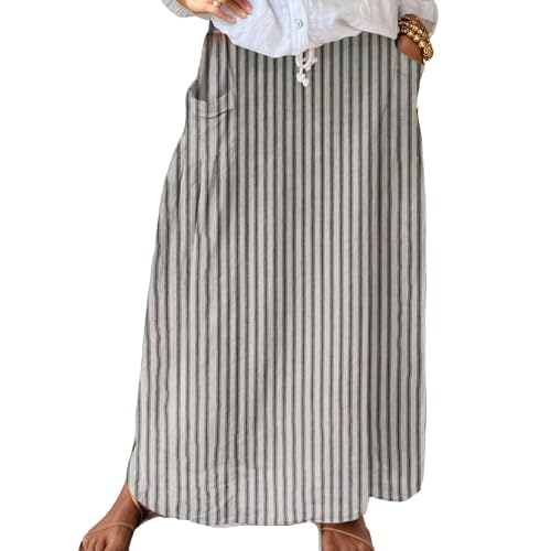 Linen Floral Pleated Maxi Skirts for Women Boho Flowy Vintage A Line Beach Skirts Elastic Waist Long Skirt with Pockets