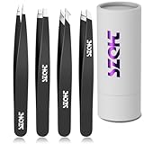 Professional Tweezers Set for Eyebrows – 4PC Precision Stainless Steel Tweezers Kit with Slant, Pointed & Flat Tips – Eyebrow Hair Removal Tool for Women & Men – Eco-Friendly Paper Tube Packaging