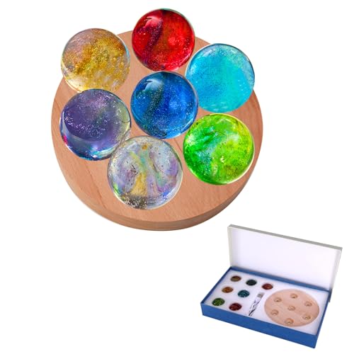 Image of JOJOCY 7 Handcrafted Glass Ball Night Light, 7-Color Energy Crystal Balls with Beechwood Lamp Base, Home Office Desktop Decoration for Meditation & Gifts