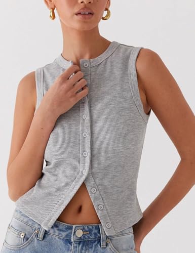 Image of Bozanly Womens Button Down Ribbed Tank Top Summer Sexy Sleeveless Slim Fit Y2k Crop Going Out Tops(0947-Gray1-S)
