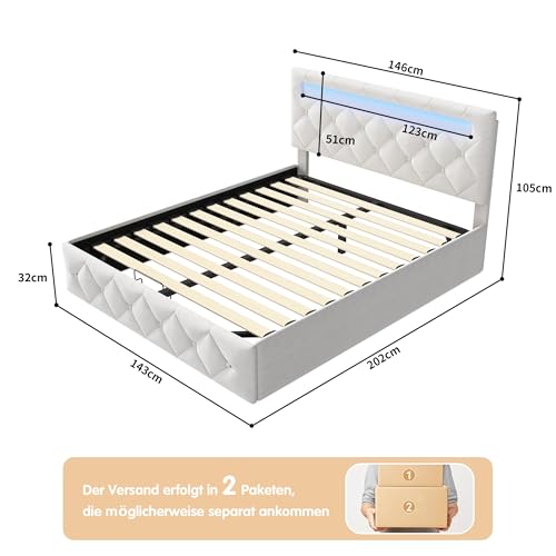 BRYXR Bett 140x200, Polsterbett Doppelbett mit LED, Hydraulisch Stauraumbett mit Lattenrost, Verstellbare Kopfteil, Funktionsbett, Jugendbett, Ohne Matratze, Beige Samt