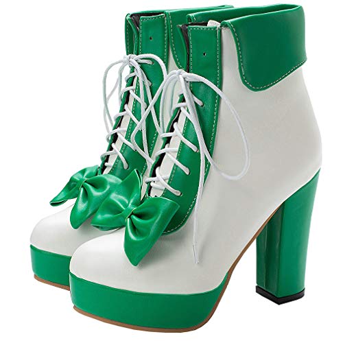 Parisuit Womens Dress Kawaii Boots Chunky High Heel Platform Ankle Booties Lace Up Sweet Bow Shoes