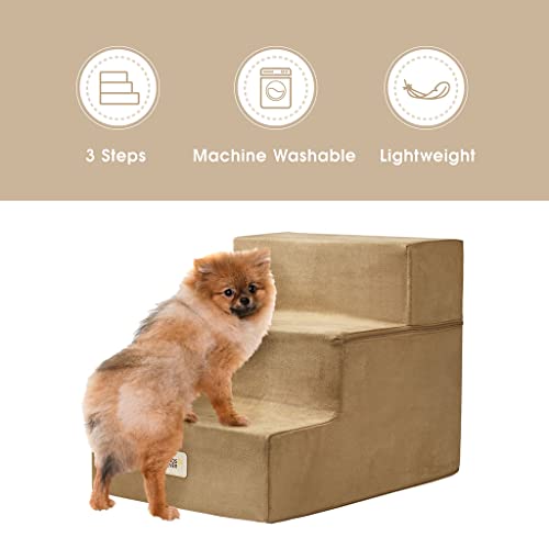 Friends Forever Milo Folding Dog Stairs For Indoor, Premium Foam Pet Steps, Safe, Comfortable Ladder, Helpful Ramp For Smaller And Older Pets, Machine Washable Removable Cover, 3 Steps, Khaki #TOP5