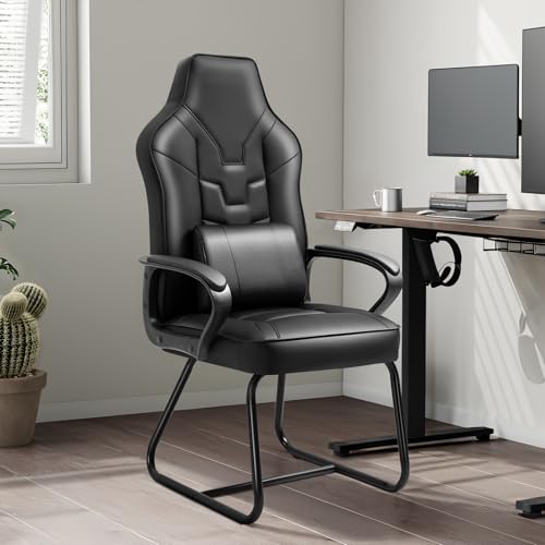 Newnno Leather Office Guest Chair No Wheels High Back Computer Desk Chair Reception Chairs with Padded Arms Waist Pillow for Gaming Meeting Conference Waiting Room, Black