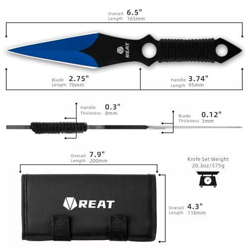 REAT Throwing Products - 12 Piece, 6.5\" 440 Stainless Steel with Cord-Wrapped Handle, Includes Nylon Carrying Case for Safe Storage for Competition, Training, Recreation (Blue)