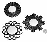 Ornate Mirror Cluster, Set of 3, Black Color, Decorative Wall Mirrors with Sunburst and Geometric Designs